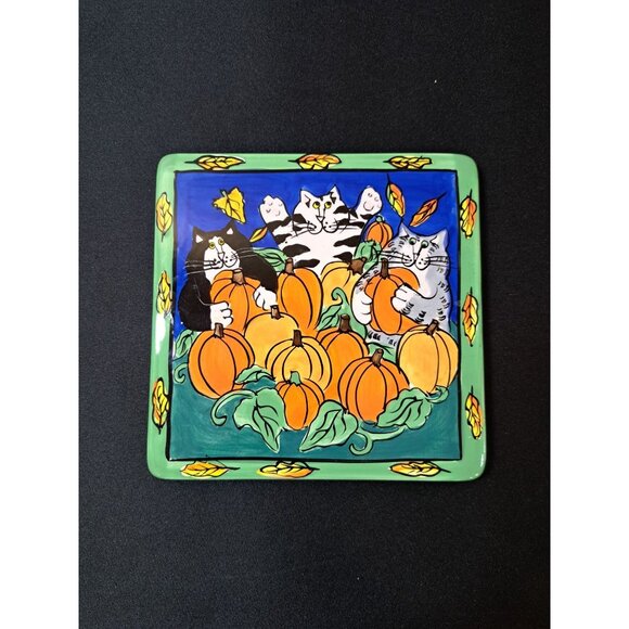 Candace Reiter Designs Catzilla Ceramic Plate Trivet Cats & Pumpkins 2002 - Picture 3 of 4